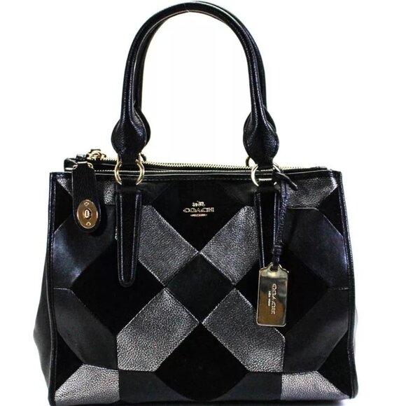 Coach Handbags - Coach Womens Double Handle Logo Metallic Patchwork Satchel Handbag Black 36531